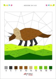 Colorazione matematica, addizione da 1 a 20, giornata dei dinosauri, preistoria, matematica e arte, calcola e colora