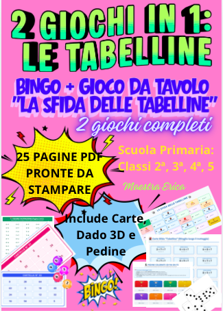 2 GIOCHI SULLE TABELLINE - Bingo + Gioco da tavolo "La sfida delle tabelline" -  Pack stampabile PDF