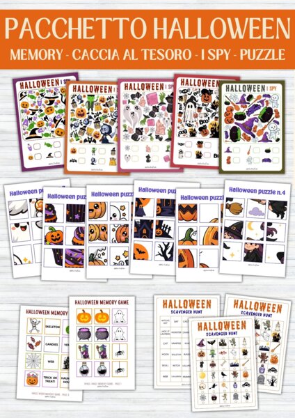 Pacchetto Attività di Halloween: Memory, Puzzle taglia e incolla, I SPY e Caccia al Tesoro - (Infanzia, Primaria, BES & CLIL)
