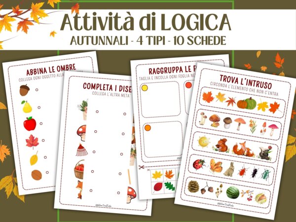 Attività di Logica d'Autunno | Precalcolo e Discriminazione Visiva | Scuola dell'Infanzia e Prima Elementare | Trova l'Intruso, Abbinamento Ombre, Ritaglia e Incolla, No Prep (4-6 anni)