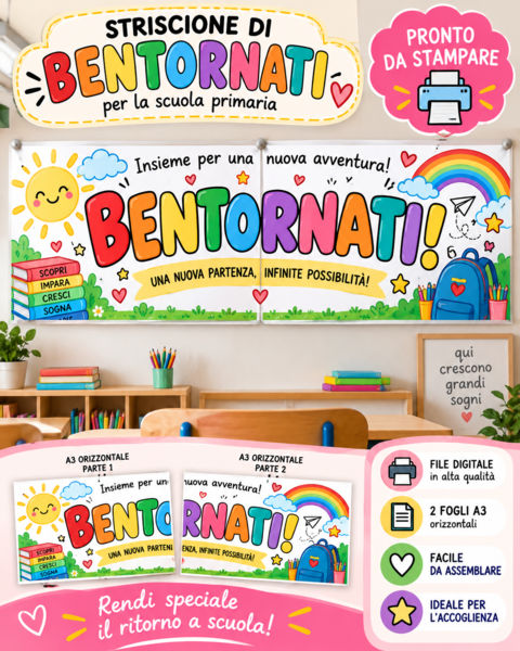 Striscione BENTORNATI! Scuola Primaria | Decorazione Accoglienza | Primo Giorno di Scuola | A3