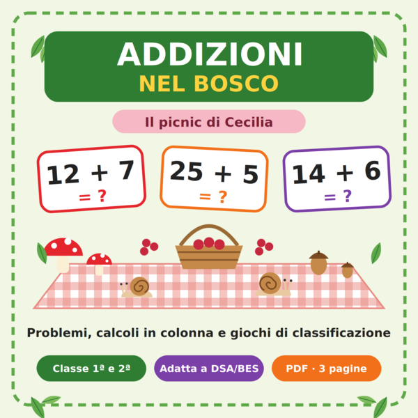 Addizioni nel bosco: il picnic di Cecilia, schede di matematica per la primaria