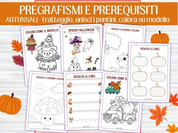 7 Schede Pregrafismi e Prerequisiti Autunno e Halloween | Motricità Fine, Tratteggio e Unisci i Puntini | Scuola Infanzia e Prima Primaria (PDF)
