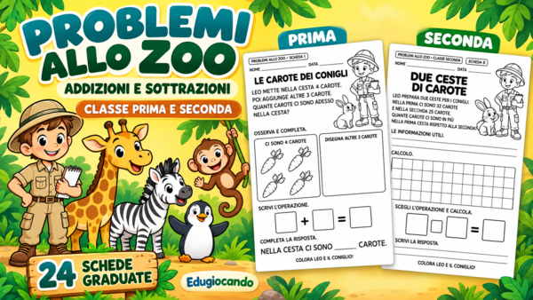 Problemi con addizioni e sottrazioni – 24 schede sullo zoo per prima e seconda primaria