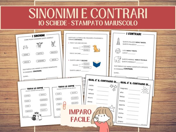10 Schede Sinonimi e Contrari in Stampato Maiuscolo | Esercizi di Arricchimento Lessicale e Frasi | Risorse semplificate | Scuola Primaria (PDF Stampabile No Prep)
