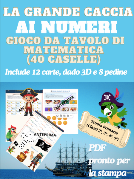 LA GRANDE CACCIA  AI   NUMERI | Gioco da Tavolo di Matematica (40 Caselle) | PDF Stampabile con Carte, Dado e Pedine 3D