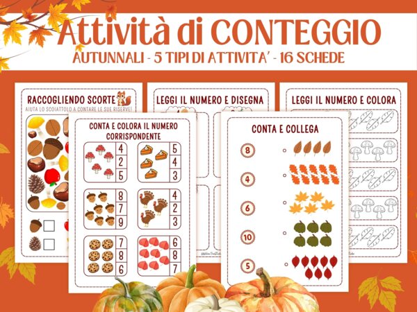 Schede Autunnali Conteggio Matematica per Infanzia e Prima Elementare | Attività Numeri 1–10 | Schede Didattiche Stampabili, Giochi Matematici, Conta e Collega, Conta e Colora, I SPY Autunno, Early Algebra, No Prep (5-7 anni)