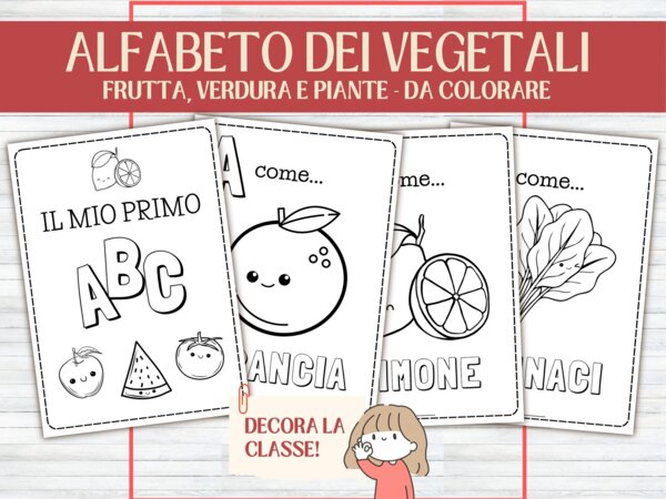 Lettere da colorare - Alfabeto della Frutta e della Verdura - alfabetiere decorazione per la classe - alfabeto murale orto - attività creativa riempitempo - classe prima - impara le lettere con i frutti - scuola dell'infanzia
