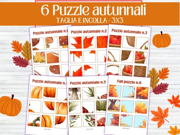 Puzzle Autunnali Ritaglia e Incolla 3x3 | Schede Didattiche Uso delle Forbici e Motricità Fine | Gioco di Logica Autunno | Infanzia e Primaria (A4, PDF No Prep)