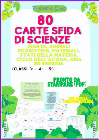 MAXI KIT 80 CARTE SFIDA DI SCIENZE: PIANTE, ANIMALI, ECOSISTEMI, MATERIALI, MATERIA, ACQUA ED ENERGIA | QUIZ A SCELTA MULTIPLA(CLASSI 3ª, 4ª, 5ª) + GRIGLIE SOLUZIONI