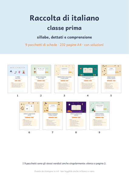 Raccolta di italiano classe prima: 9 pacchetti di sillabe, dettati e comprensione