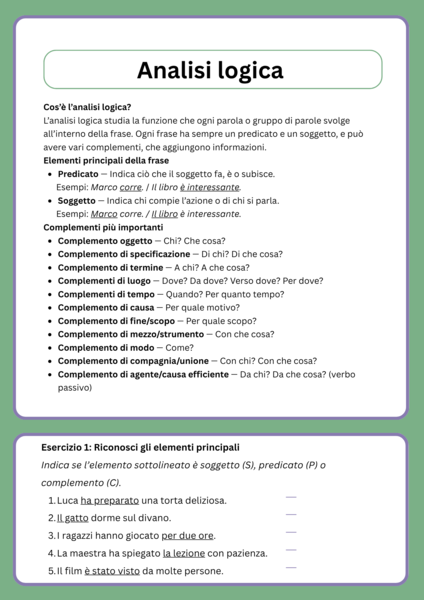 QUADERNO OPERATIVO DI ANALISI LOGICA - 16 Schede Didattiche, la Frase Minima, Espansioni, Verbi Transitivi/Intransitivi, Forma Attiva/Passiva e i Complementi Principali.