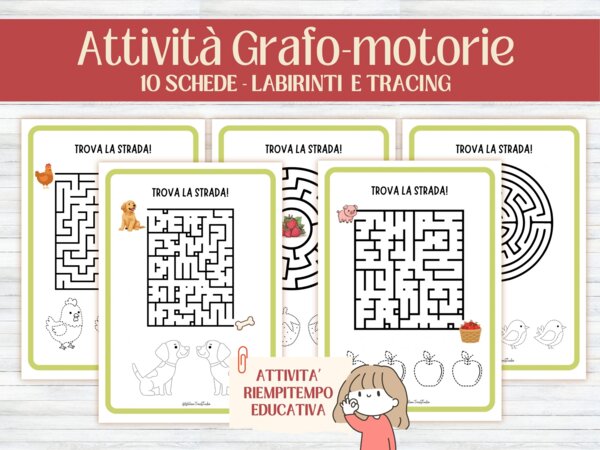 10 Schede Labirinti e Grafomotricità con Animali da Ricalcare | Attività di Attenzione, Pianificazione Visiva e Motricità Fine | Scuola Infanzia ed Elementare (4-6 anni) | PDF Stampabile No Prep - time fillers - attività riempitempo - early finishers