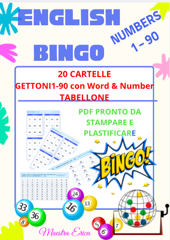 ENGLISH BINGO NUMBERS 1-90 - Kit gioco completo con 20 cartelle, gettoni e tabellone (Scuola Primaria)