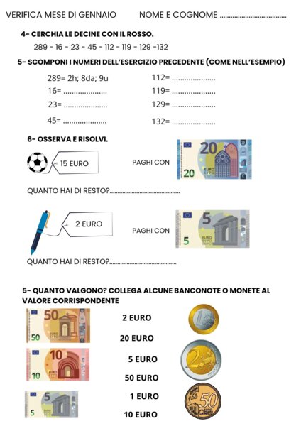VERIFICA ADDIZIONI E SOTTRAZIONI ENTRO IL 100 E VALORE EURO
