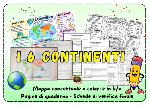 I 6 Continenti: Mappa Concettuale, Pagine Quaderno e Verifiche di Geografia con soluzioni per la Scuola Primaria