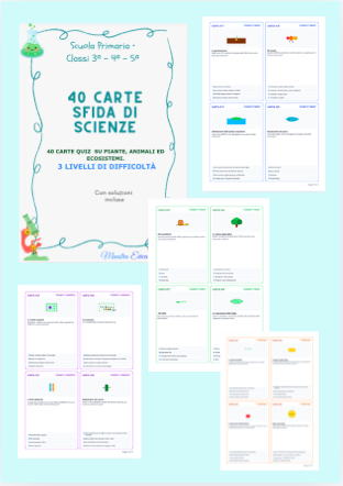 MAXI KIT 80 CARTE SFIDA DI SCIENZE: PIANTE, ANIMALI, ECOSISTEMI, MATERIALI, MATERIA, ACQUA ED ENERGIA | QUIZ A SCELTA MULTIPLA(CLASSI 3ª, 4ª, 5ª) + GRIGLIE SOLUZIONI