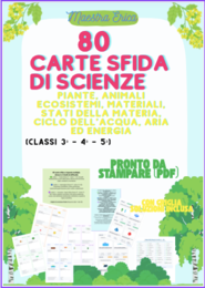 MAXI KIT 80 CARTE SFIDA DI SCIENZE: PIANTE, ANIMALI, ECOSISTEMI, MATERIALI, MATERIA, ACQUA ED ENERGIA | QUIZ A SCELTA MULTIPLA(CLASSI 3ª, 4ª, 5ª) + GRIGLIE SOLUZIONI