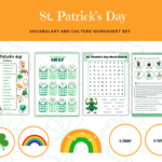 Saint Patrick’s Day for Young Learners – Giorno di San Patrizio per gli studenti set, schede di lavoro, esercizi di vocabolario, capi di abbigliamento, preposizioni di luog