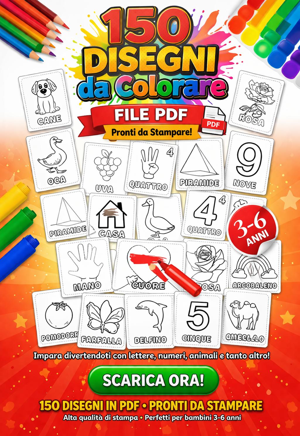150 Disegni da Colorare – Rilassati, Crea e Distenditi con Questa Splendida Collezione da Colorare Fuggi in un mondo di creatività con questa straordinaria raccolta di 150 disegni da colorare! Progettato per tutte le età, questo bundle di coloring è ricco di illustrazioni rilassanti, dettagliate e ispiranti che aiutano ad alleviare lo stress, stimolare l’immaginazione e far emergere il tuo artista interiore. Che tu ami animali, motivi, mandala, fiori, paesaggi naturali o disegni fantasiosi, questo libro ti offre infinite opportunità per colorare, rilassarti ed esprimerti. Cosa Troverai All’interno ✔ 150 illustrazioni uniche e realizzate a mano ✔ Una combinazione di disegni facili, medi e dettagliati ✔ Temi inclusi: • Animali e fauna selvatica • Mandala e motivi geometrici • Fiori, piante e natura • Personaggi fantasiosi • Arte astratta rilassante ✔ Adatto a bambini, ragazzi e adulti ✔ Pagine stampabili e compatibili con tablet Un modo perfetto per rilassarti, ridurre lo stress e goderti momenti creativi in qualsiasi momento. Perché Amerai Questa Collezione da Colorare ✔ Favorisce la mindfulness e il rilassamento ✔ Divertente per tutti i livelli di abilità ✔ Illustrazioni di alta qualità per stili di colorazione intensi o leggeri ✔ Ottimo con pennarelli, matite, pastelli o per colorazione digitale ✔ Infinite ore di creatività e relax Colorare non è mai stato così piacevole! Perfetto Per • Bambini e adulti che amano colorare • Appassionati d’arte e principianti • Routine di rilassamento e mindfulness • Attività in famiglia • Regali e uso scolastico • Libri da colorare digitali o stampabili Cosa Ricevi ✔ Download digitale immediato (formato PDF o PNG) ✔ 150 disegni ad alta risoluzione ✔ Stampabile a casa o utilizzabile con app di colorazione digitale ✔ Uso personale illimitato